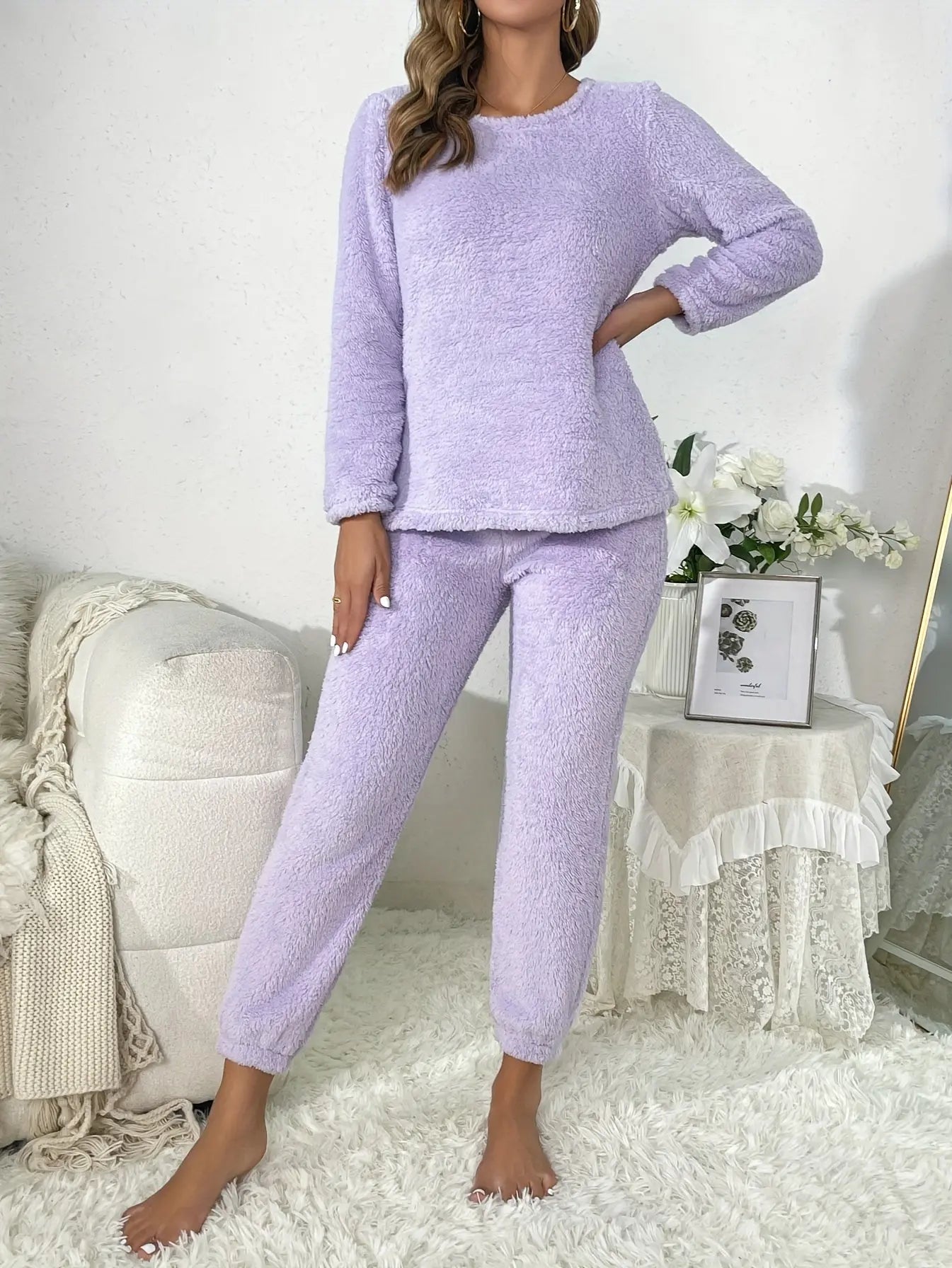 2pcs Plush Loungewear Set For Winter & Fall, Long Sleeve Top & Solid Pants, Women's Loungewear & Sleepwear MyFave Boutique