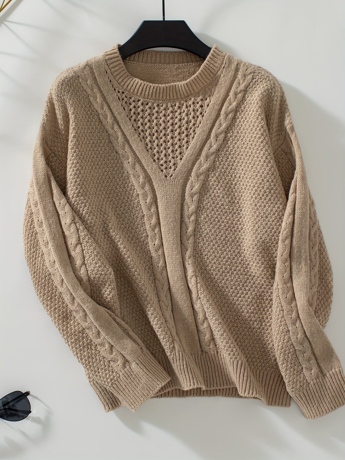 Cable Knit Eyelet Crew Neck Sweater, Casual Long Sleeve Sweater For Fall & Winter, Women's Clothing MyFave Boutique