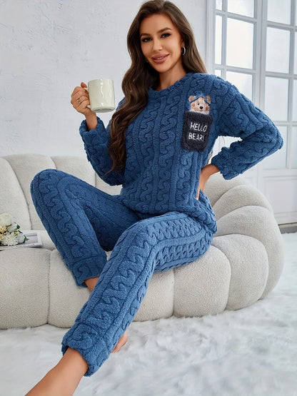 Cozy Winter Knit Pajama Set for Adults - Long Sleeve, Round Neck, Solid Color with Pocket MyFave Boutique