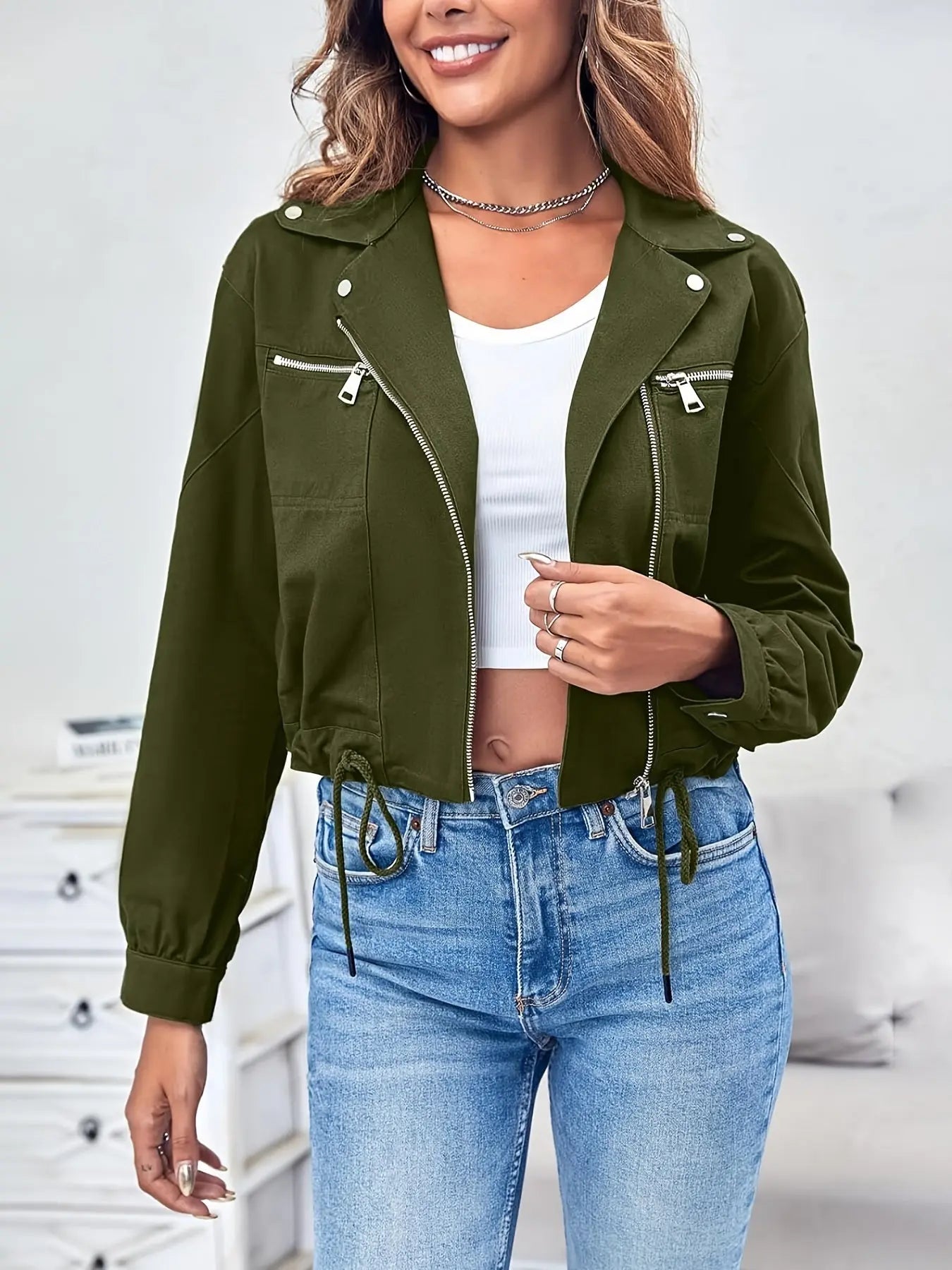 Zip Up Drawstring Crop Jacket, Casual Lapel Neck Long Sleeve Jacket For Spring & Fall, Women's Clothing MyFave Boutique