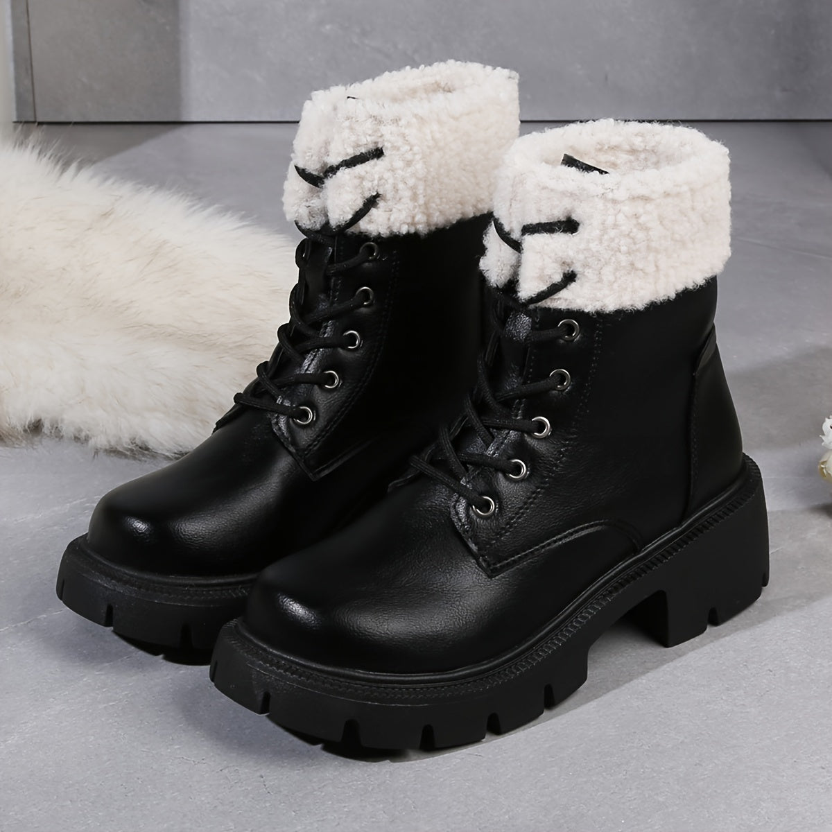 Women's Chunky Heel Combat Boots, Fashion Lace Up Plush Lined Boots, Comfortable Winter Boots MyFave Boutique