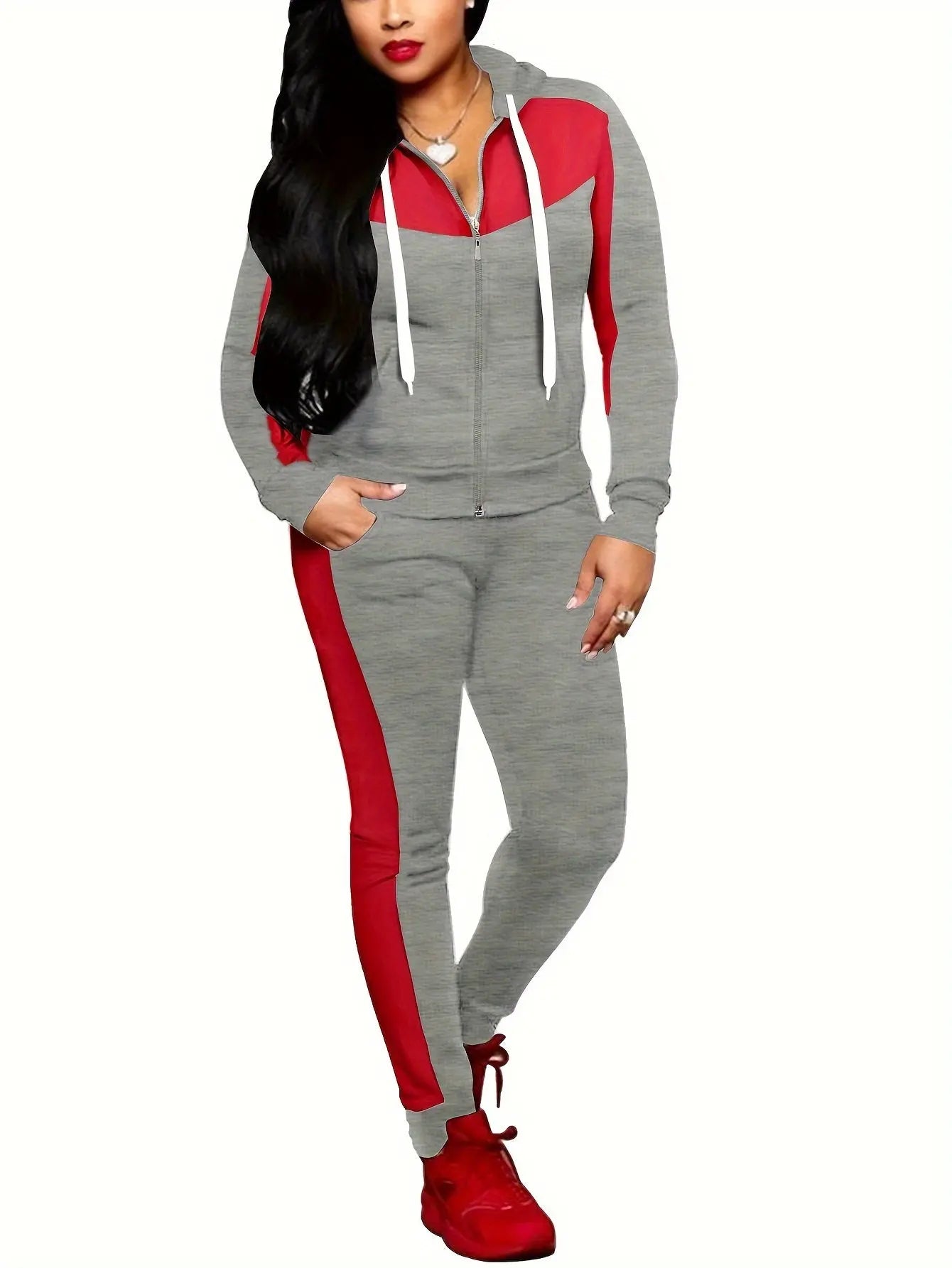 Women's Long Sleeve Hoodie and High-Waisted Pants Set, Polyester & Elastane, Autumn/Winter Block Print Outfit MyFave Boutique