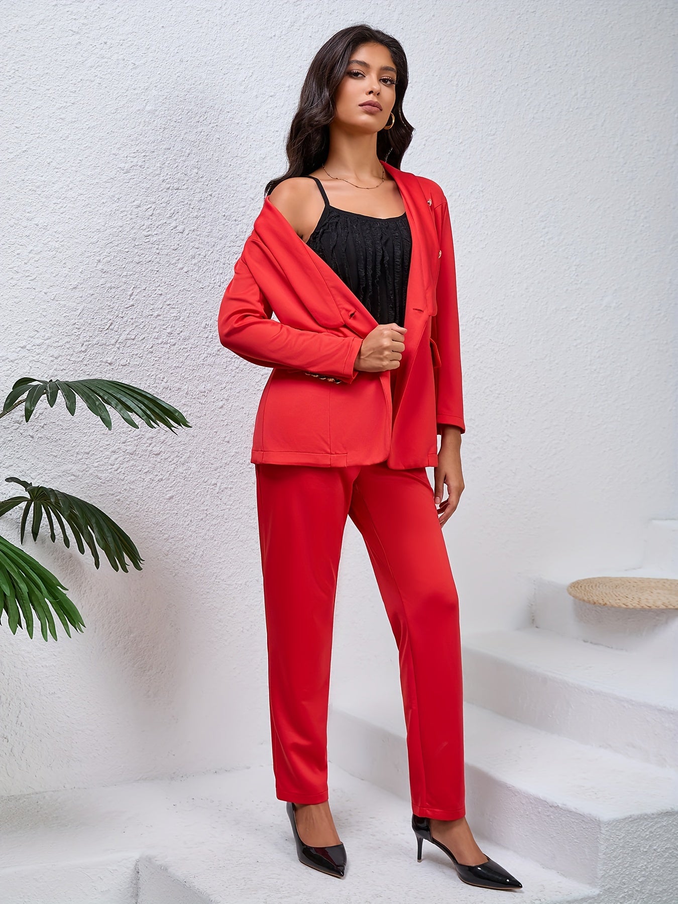 Solid Two-piece Set, Elegant Button Front Blazer & Slim Pants Outfits, Women's Clothing MyFave Boutique