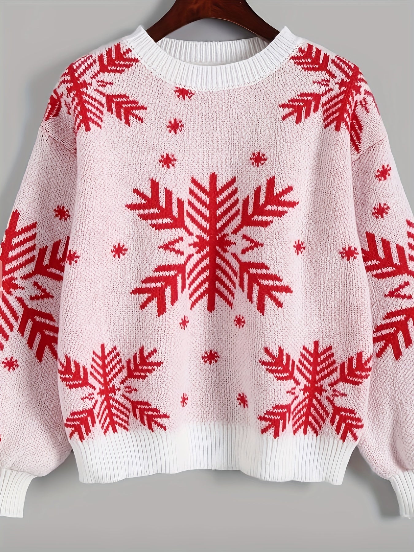 Christmas Snowflake Pattern Pullover Sweater, Casual Crew Neck Long Sleeve Sweater, Women's Clothing MyFave Boutique