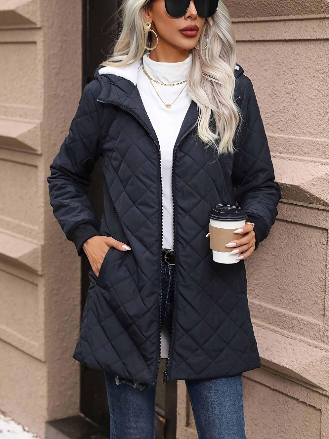 Quilted Full Zip Hooded Down Coat, Casual Solid Color Long Sleeve Pocket Down Coat For Fall & Winter, Women's Clothing MyFave Boutique