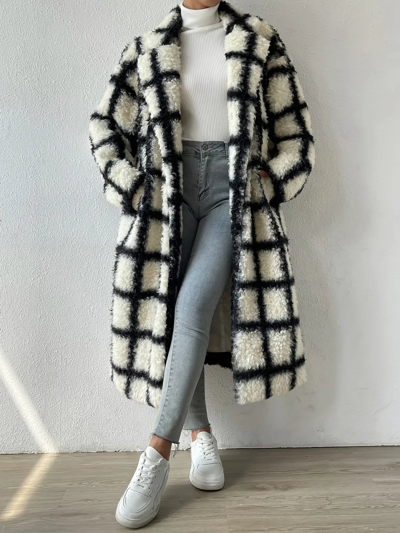 Elegant Plaid Drop Shoulder Long Pants Fleece-Lined Long Sleeve Polyester Coat for Women - Autumn/Winter MyFave Boutique