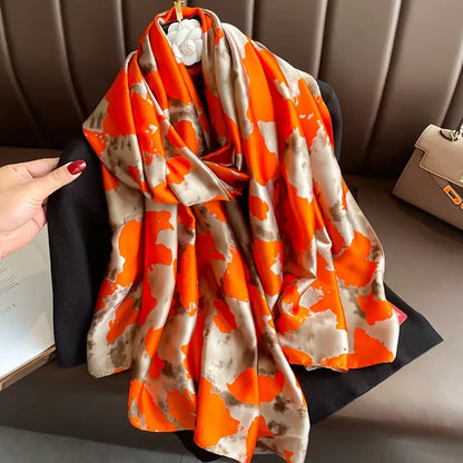 Orange Print Chiffon Scarf Thin Satin Smooth Shawl Casual Sunscreen Wrap For Women MyFave Boutique