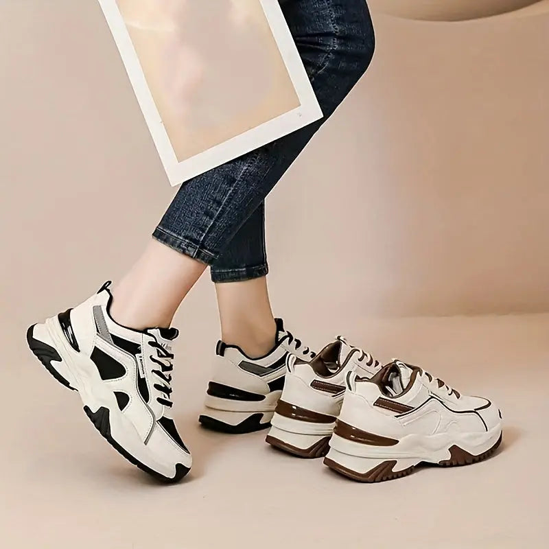 Women's Contrast Color Platform Sneakers, Casual Lace Up Outdoor Shoes, Comfortable Low Top Shoes MyFave Boutique