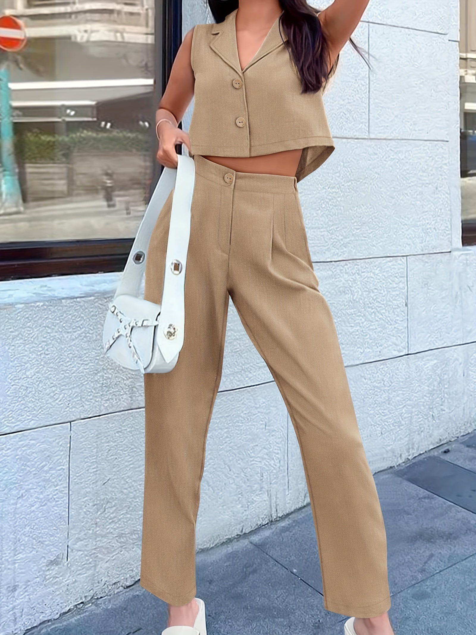 Casual Solid Slim Summer Two-piece Pants Set, Sleeveless Button Front Vest & Slant Pockets High Waist Pants Outfits, Women's Clothing MyFave Boutique