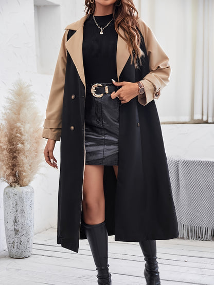 Elegant Women's Long Trench Coat - Fashionable Two-Tone, Stretch, Sizes S/M/L/XL, Chic Detail, Easy Care Washable, Without Stretch, Khaki MyFave Boutique