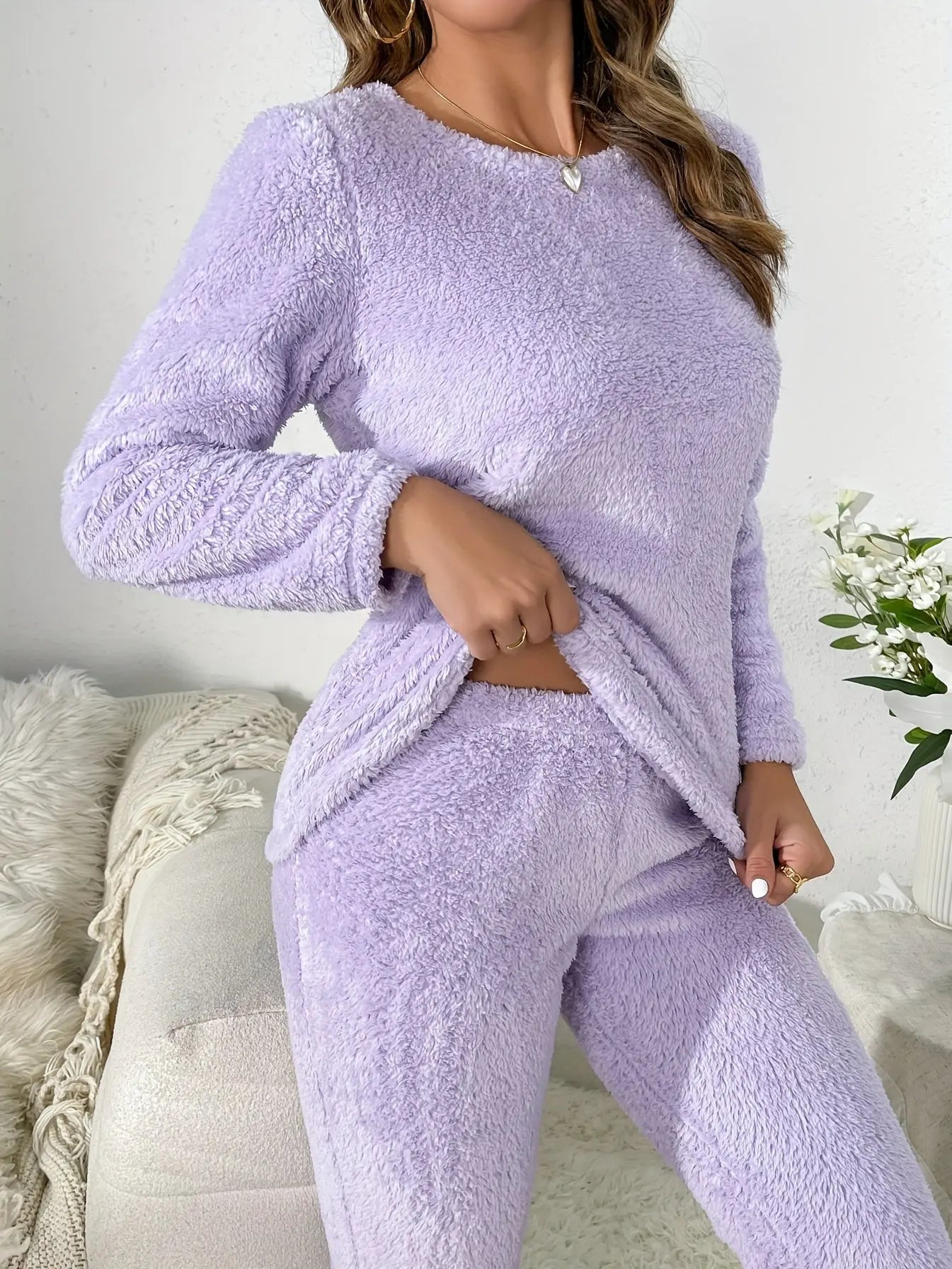 2pcs Plush Loungewear Set For Winter & Fall, Long Sleeve Top & Solid Pants, Women's Loungewear & Sleepwear MyFave Boutique