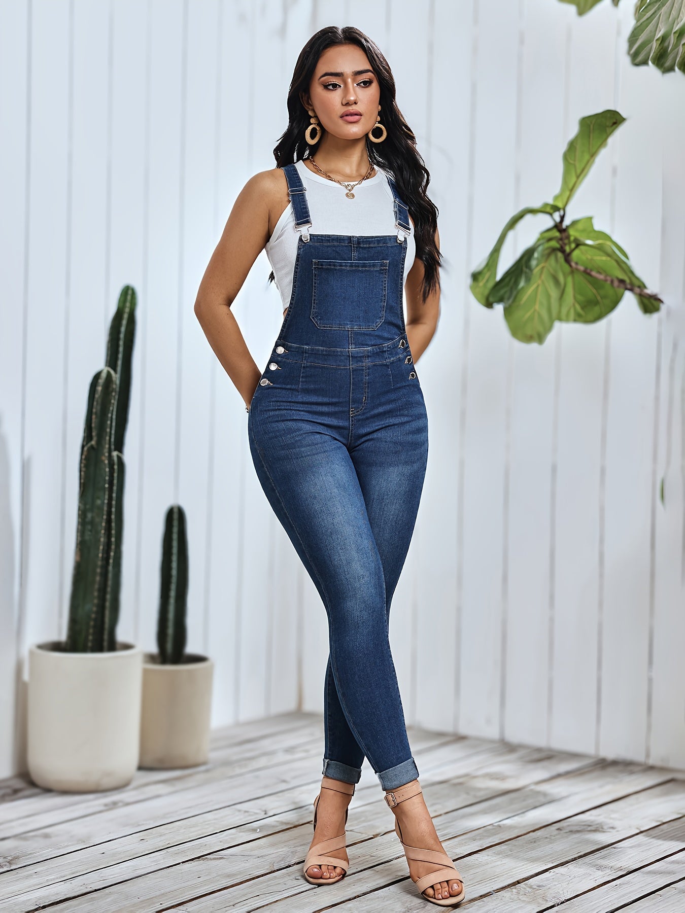 Women's Skinny Fit Denim Overalls - High Elasticity, Soft & Comfortable, Cuffed, Long Length, Casual Preppy Style, Mid-Blue Washed Dungarees MyFave Boutique