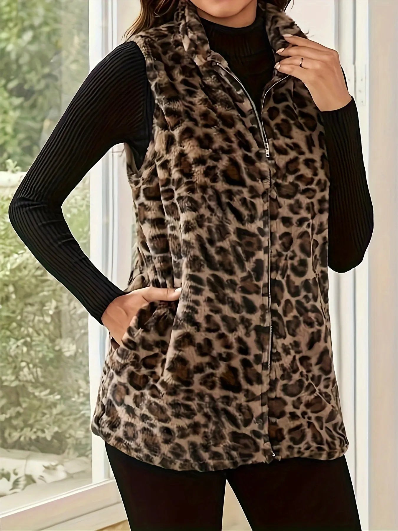 Women's Faux Fur Vest, Elegant Leopard Print, Zippered Open Front, Sleeveless, Polyester, Knit Fabric, with Pockets, for Fall/Winter, Adult Size MyFave Boutique