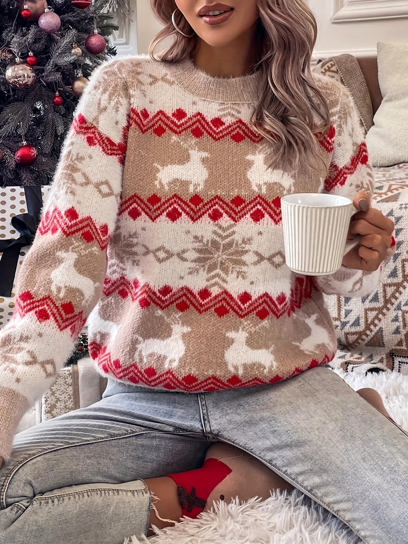 Christmas Pattern Crew Neck Sweater, Elegant Long Sleeve Sweater For Fall & Winter, Women's Clothing MyFave Boutique