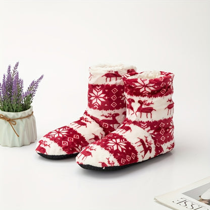 Christmas Style Plush Slipper Boots, Winter Cozy & Warm Slip On Flat Shoes, Thermal Home Floor Sock Slippers MyFave Boutique