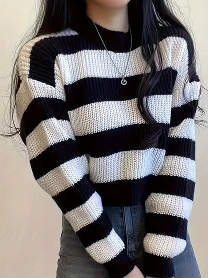 Stripe Pattern Crew Neck Sweater, Casual Long Sleeve Sweater For Fall & Winter, Women's Clothing MyFave Boutique