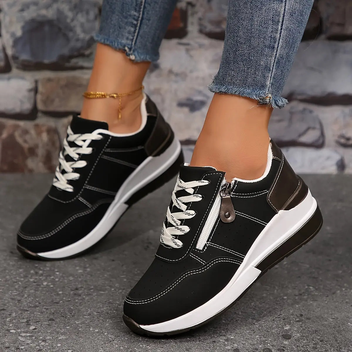 Women's Fashion Sneakers Low-Top Lace-Up Casual Athletic Shoes with Side Zipper - Solid Color Fabric-Lined PU Sole Comfort Walking Trainers for All Seasons MyFave Boutique