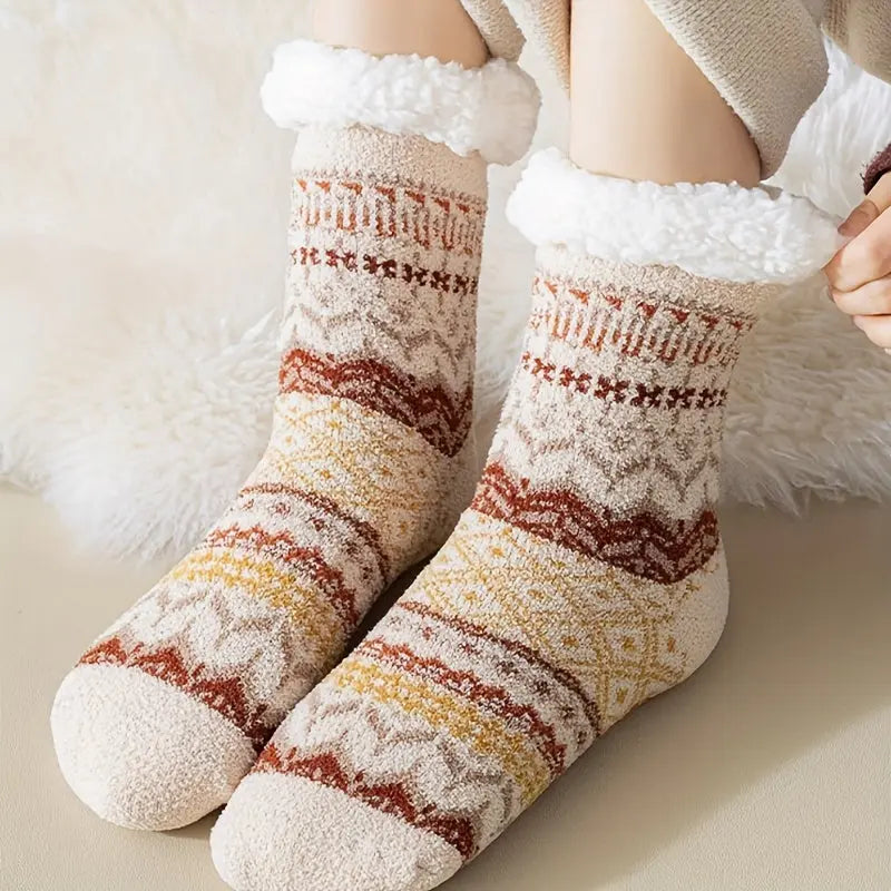 2 Pairs Of Thick Lamb Wool Socks, Winter Cold Resistant, Warm And Heat Storage Plush Socks, Silicone Anti Slip Floor Socks, Ethnic Style Outdoor Socks MyFave Boutique