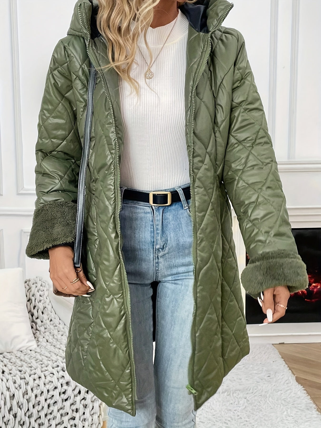 Zip-up Hoodie Longline Quilted Puffy Coat, Casual Long Sleeve Insulated Coat For Winter, Women's Clothing MyFave Boutique