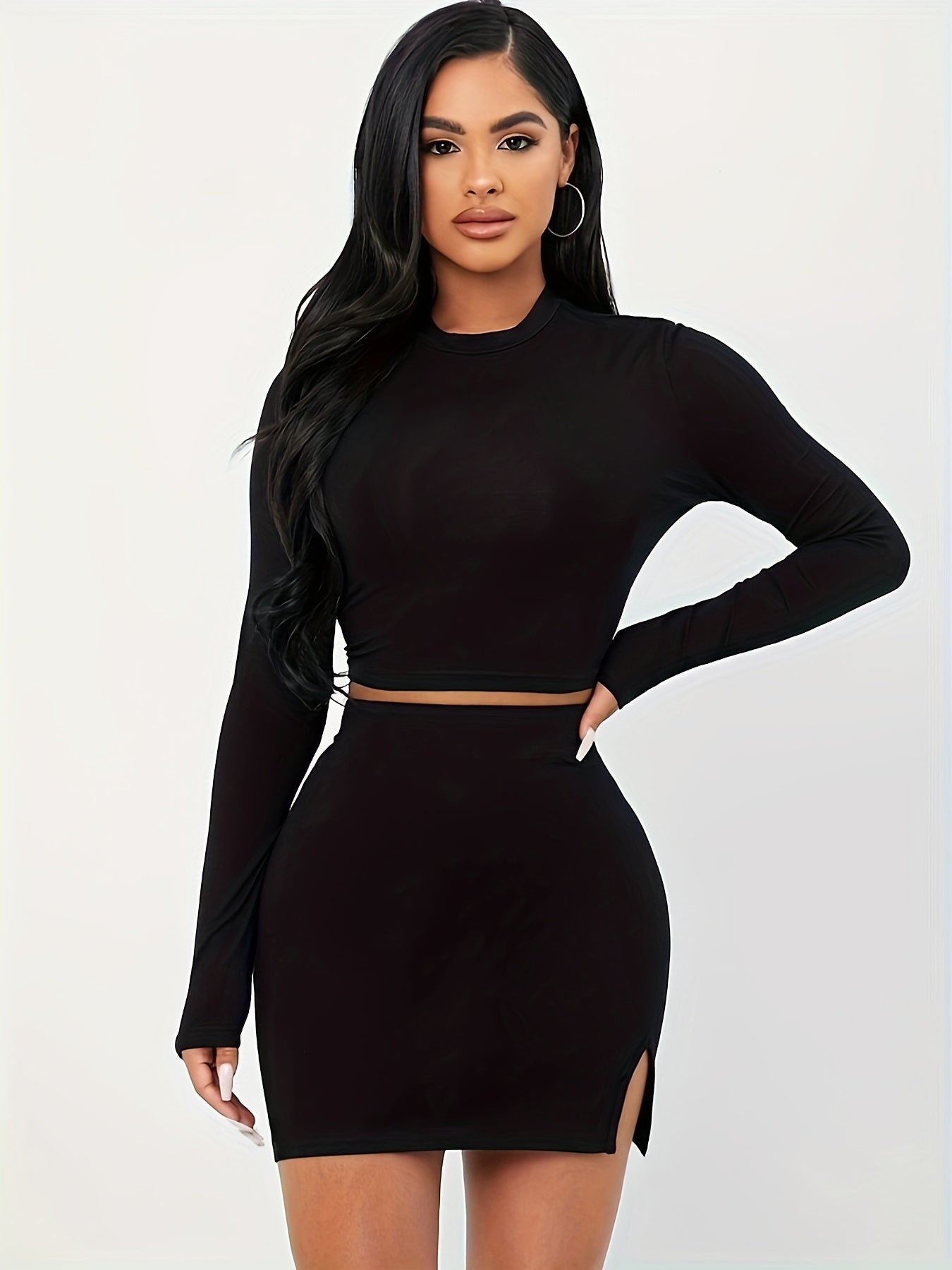 Solid Color Elegant Skirt Set, Long Sleeve Crew Neck Crop T-shirt & High Waist Split Hem Bodycon Skirt Outfits, Women's Clothing MyFave Boutique