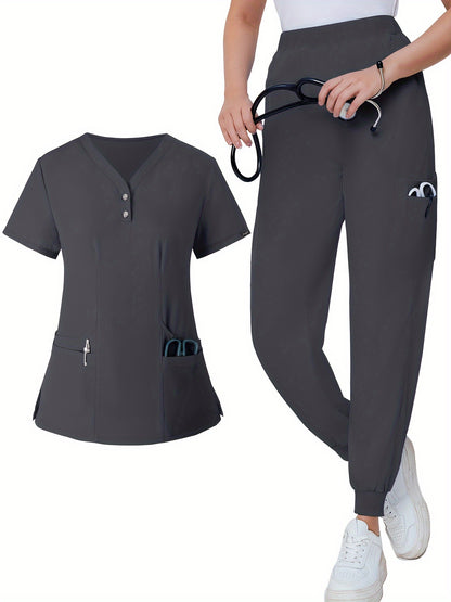 two-piece Women's Health Uniform Two-Piece Set: V-Neck Top & Solid Pants with Patch Pockets MyFave Boutique