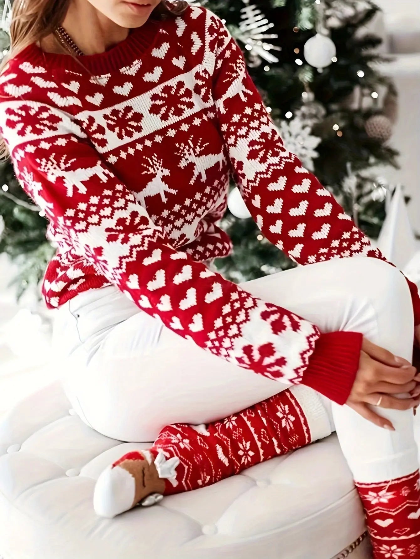 Elegant Red Reindeer & Snowflake Crew Neck Sweater - Cozy Thick Knit Pullover for Women, Perfect for Christmas MyFave Boutique