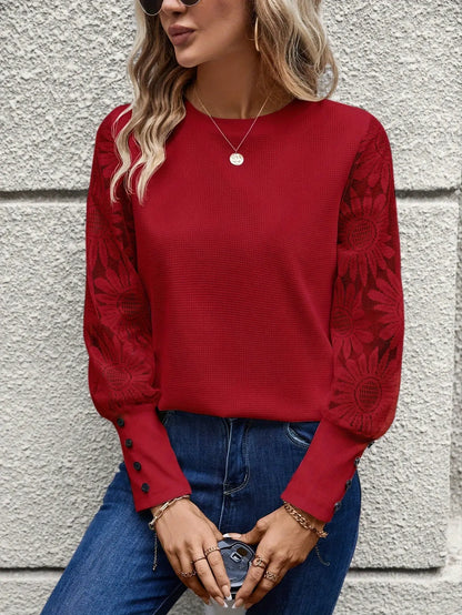 Floral Lace Long Sleeve Crew Neck Top for Women, Spring & Fall Elegant Blouse MyFave Boutique