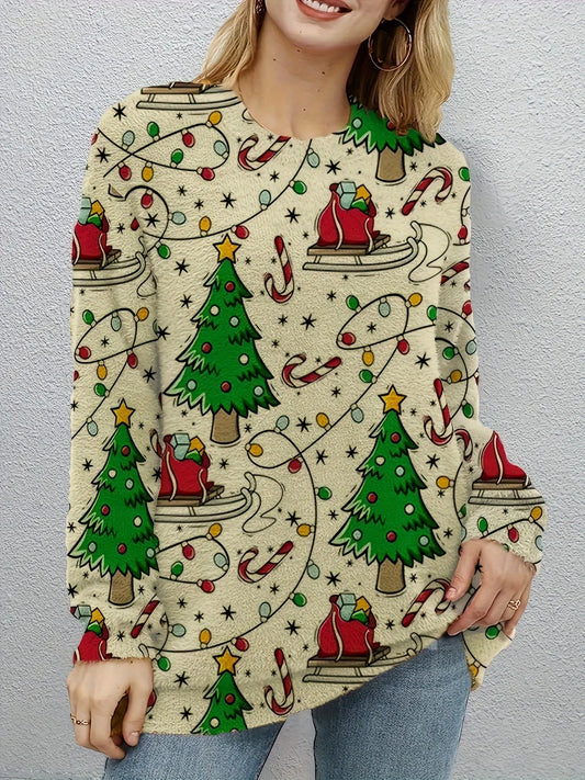 Elegant Crew Neck Festive Tree and Sleigh Print Long Sleeve Sweater for Women - Fall/Winter Pullover in Knit Polyester Blend (Polyester 71.50%, Acrylic 18%, Nylon 10.50%) MyFave Boutique