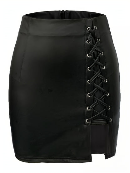 High Waist Bodycon Mini Skirt, Stylish Faux Leather Split Hem Strappy Skirt For Party & Club, Women's Clothing MyFave Boutique