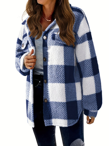 Cozy Plaid Fuzzy Jacket - Soft, Warm, And Stylish Long Sleeve Outerwear With Button Front Closure For Women - Perfect For Fall And Winter Casual Wear MyFave Boutique