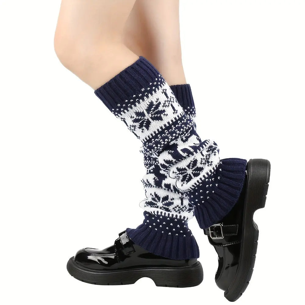 2 Pairs Deer & Snowflake Leg Warmers, Christmas Ethnic Style Knitted Boot Socks For Fall & Winter, Women's Stockings & Hosiery MyFave Boutique