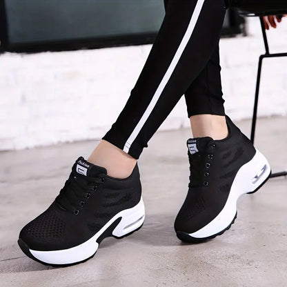 Women's Solid Color Knit Sneakers, Lace Up Heightening Casual Breathable Sporty Trainers, Versatile Low-top Comfy Shoes MyFave Boutique