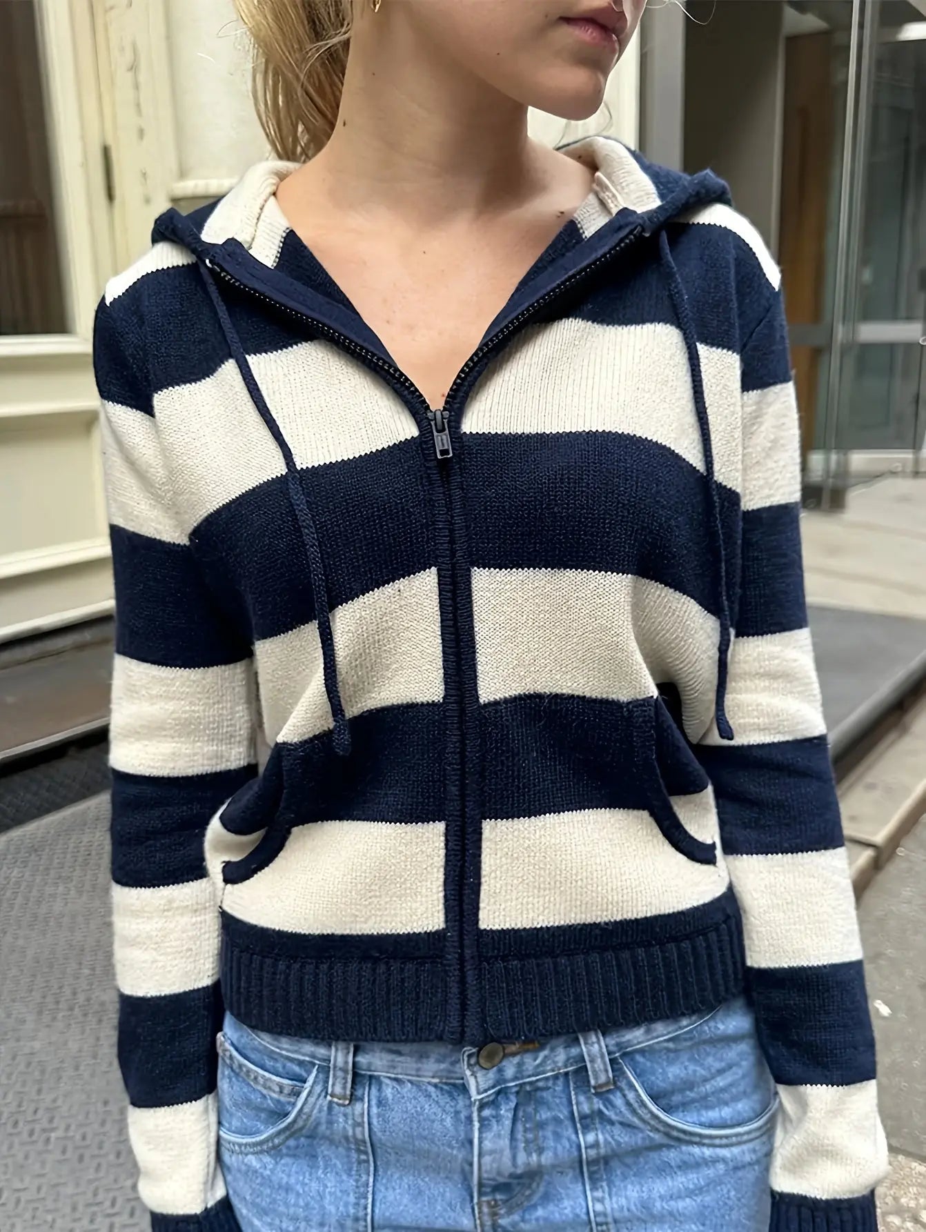 Elegant Striped Viscose Sweater with Zipper and Hood - Knit Fabric Cardigan for Women, All-Season Zip Front Pullover MyFave Boutique