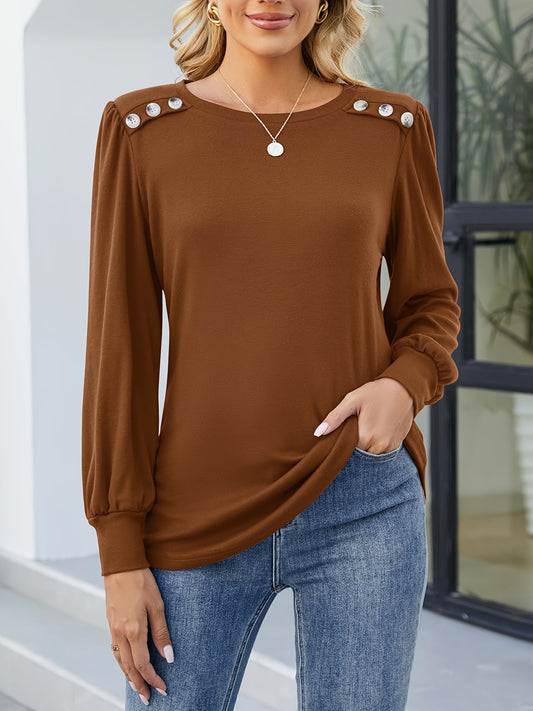 Button Decor Crew Neck T-shirt, Casual Long Sleeve Top For Spring & Fall, Women's Clothing MyFave Boutique