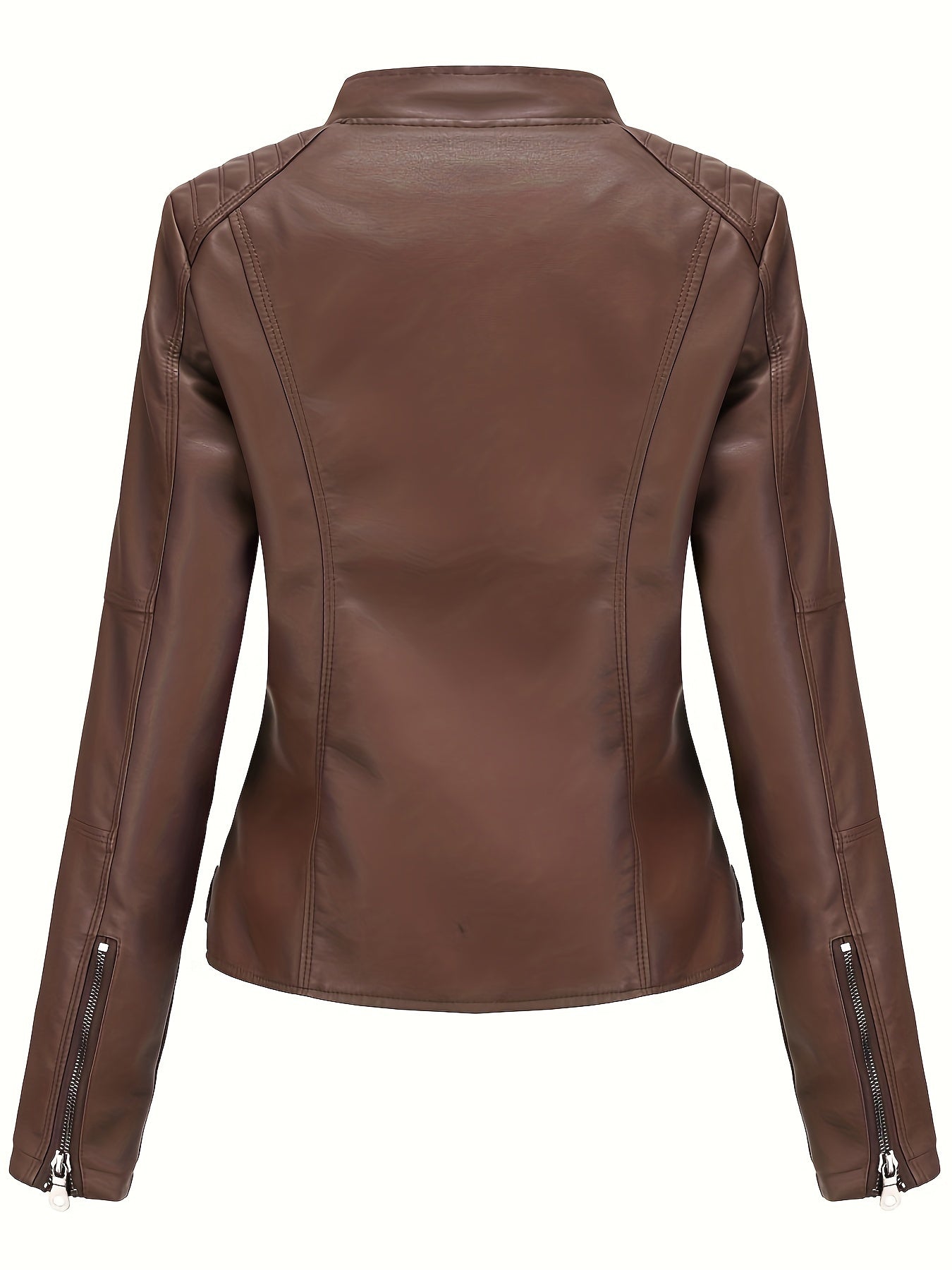 Faux Leather Zip Up Moto Jacket, Stylish Stand Collar Long Sleeve Jacket With Pocket, Women's Clothing MyFave Boutique