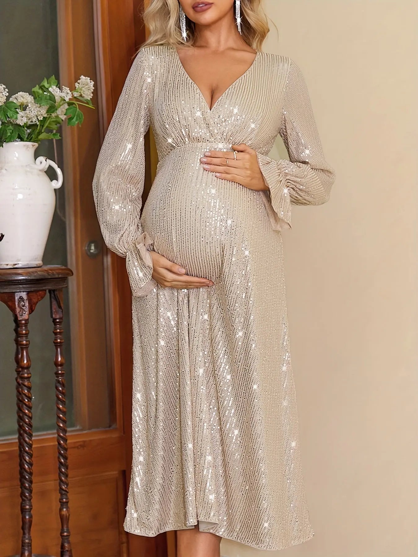 Women's Maternity Trendy Elegant Sequins Dress, V-neck Long Sleeve Maxi Dress For Party/wedding/formal Prom MyFave Boutique