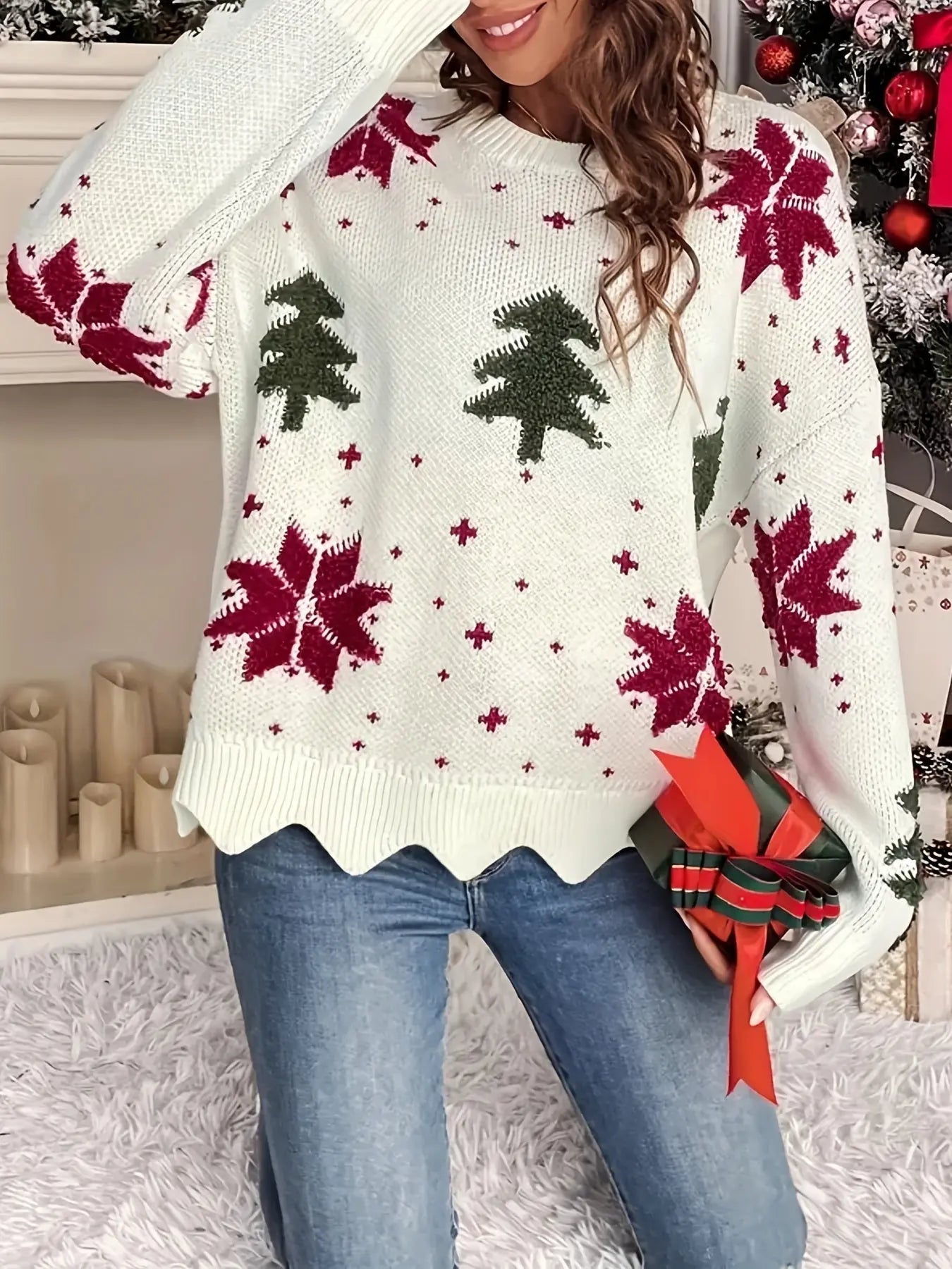 Cozy Christmas Tree Knit Sweater for Women - Casual Long Sleeve Crew Neck Pullover, Perfect for Fall & Winter MyFave Boutique