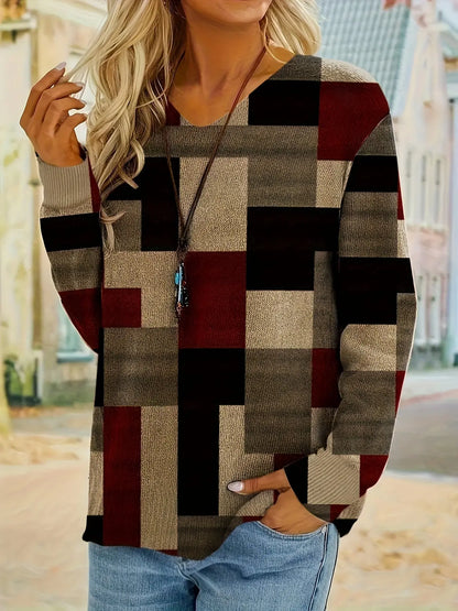 Patchwork Pattern V Neck Sweater, Casual Long Sleeve Sweater For Fall & Winter, Women's Clothing MyFave Boutique