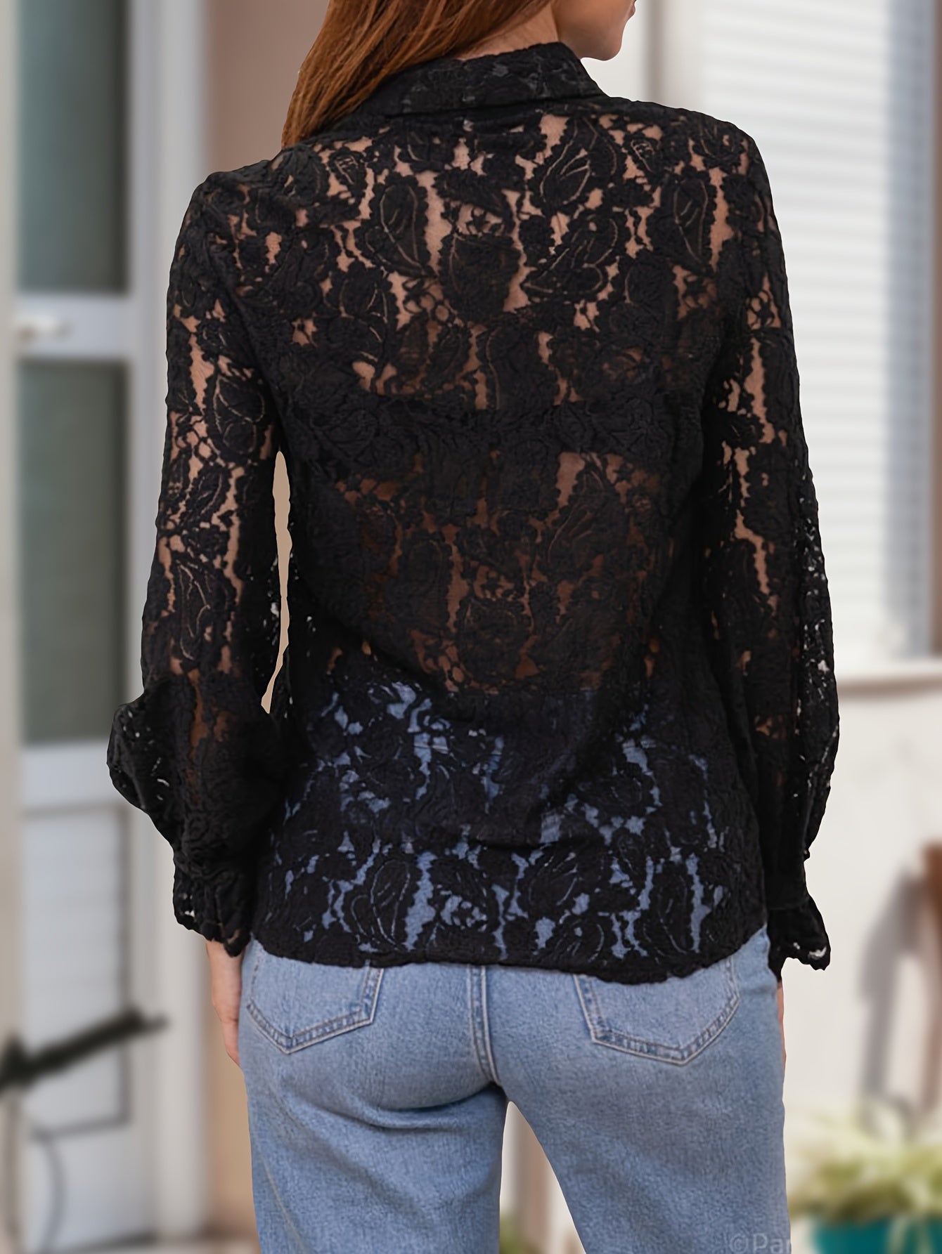 Floral Lace Button Up Semi-sheer Shirt, Elegant Long Sleeve Collared Shirt For Spring & Summer, Women's Clothing MyFave Boutique