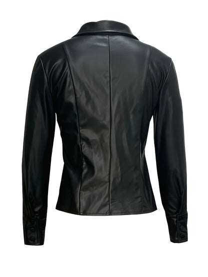 Faux Leather Button Front Jacket, Stylish Long Sleeve Jacket For Spring & Fall, Women's Clothing MyFave Boutique