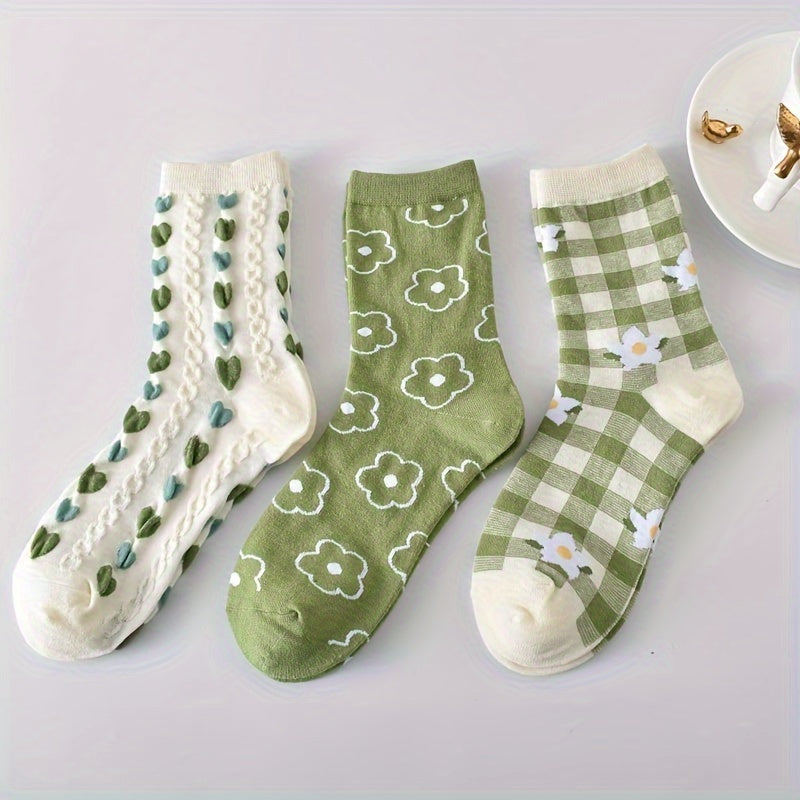 5 Pairs Floral Print Socks, Sweet & Comfy Mid Tube Socks, Women's Stockings & Hosiery MyFave Boutique