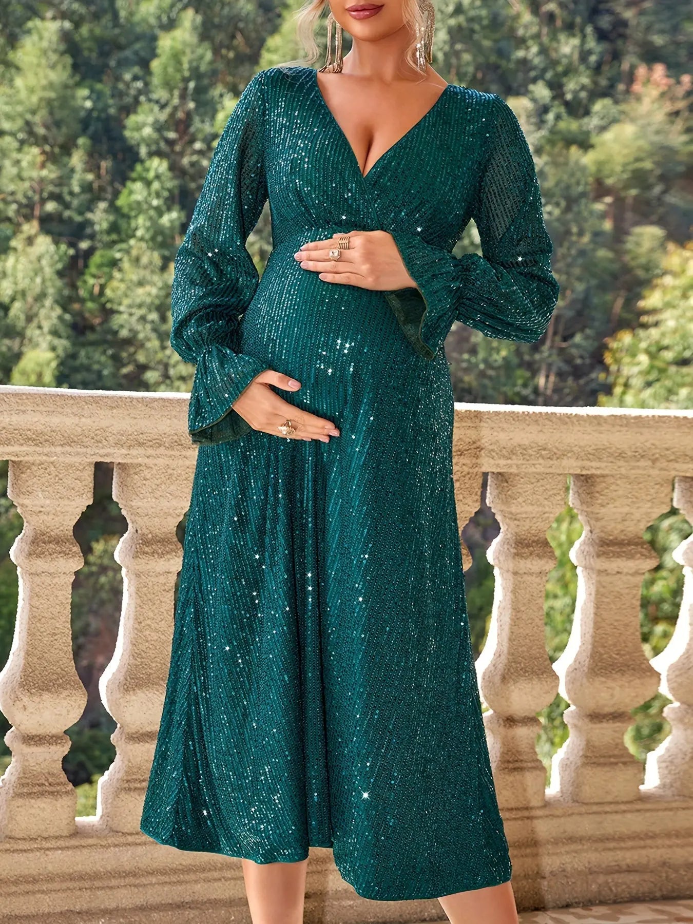 Women's Maternity Trendy Elegant Sequins Dress, V-neck Long Sleeve Maxi Dress For Party/wedding/formal Prom MyFave Boutique