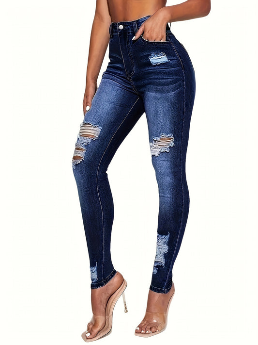 High-Stretch Ripped High-Rise Skinny Jeans - Distressed Denim Pants with Whiskering, Slash Pocket, and Stretchy Fabric for Comfortable Fit - Women's Fashion Denim Clothing MyFave Boutique