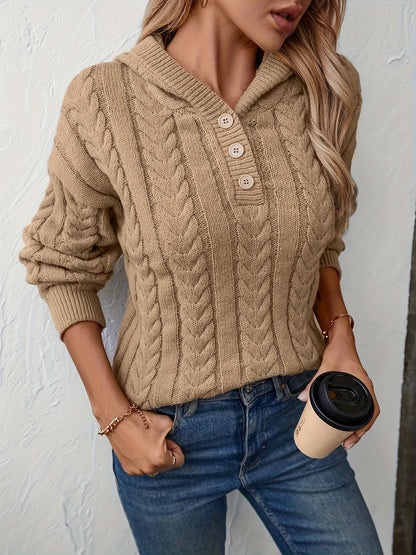 Solid Cable Knit Hoodie Sweater, Casual Long Sleeve Drop Shoulder Button Front Sweater For Fall & Winter, Women's Clothing MyFave Boutique