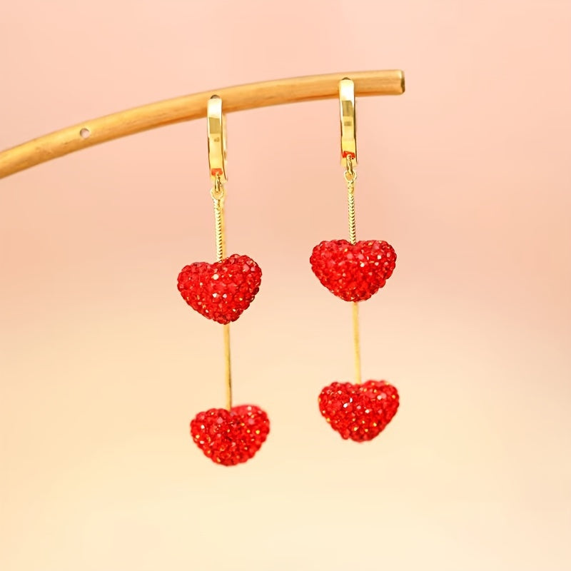 2Pcs Sweet Love Heart-shaped Elegant Alloy Golden Color Rhinestone Women's Pendant Earrings for Daily Vacation MyFave Boutique