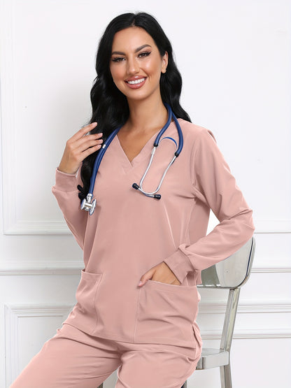 Simple Long Sleeve Scrubs Top, V Neck Functional Patched Pockets Health Care Uniform, Women's Clothing MyFave Boutique