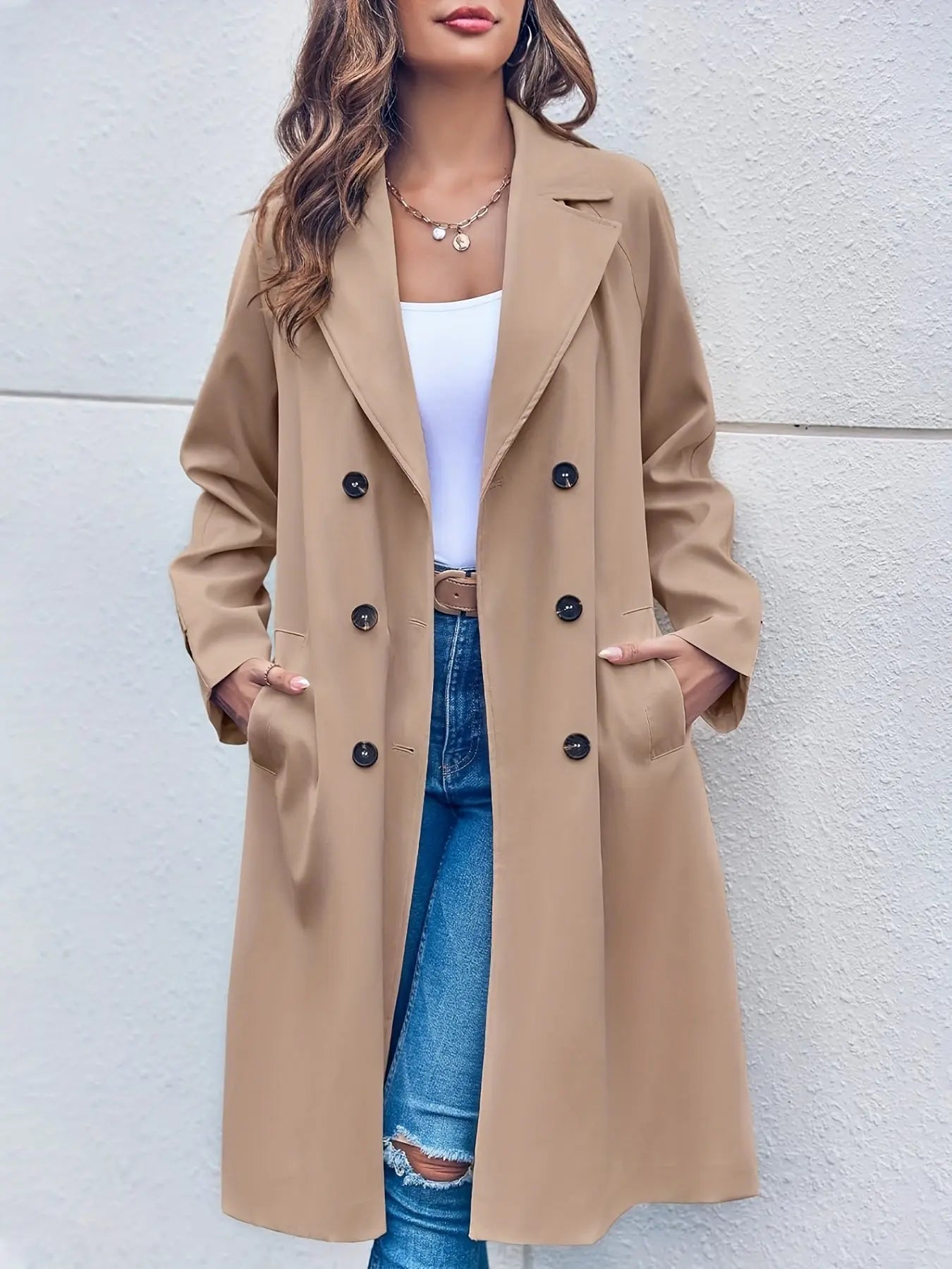 Double Breasted Trench Coat with Lapel Neck and Split Side Pockets - Women's Casual Long Sleeve Long Length Coat MyFave Boutique