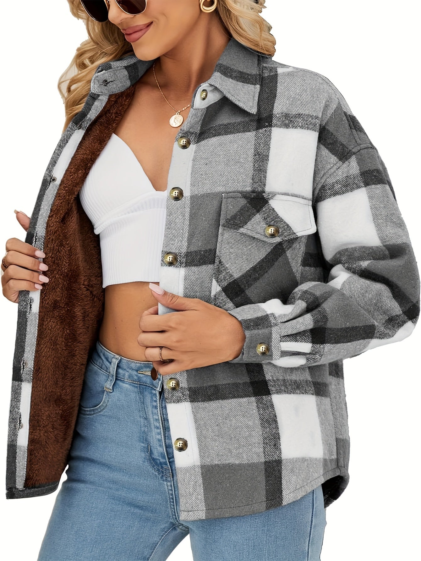 Plaid Print Button Front Jacket, Casual Lapel Neck Flap Pockets Long Sleeve Jacket For Winter & Fall, Women's Clothing MyFave Boutique