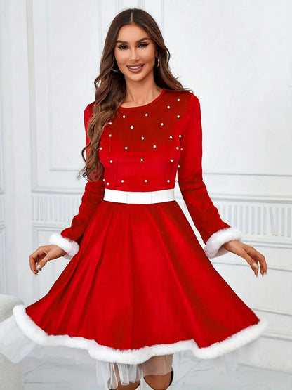 1pc Festive Christmas Dress for Women, Polyester Red Santa Costume with Faux Fur Trim and Belt Detail, Casual Round Neck Long Sleeve Holiday Party Outfit MyFave Boutique