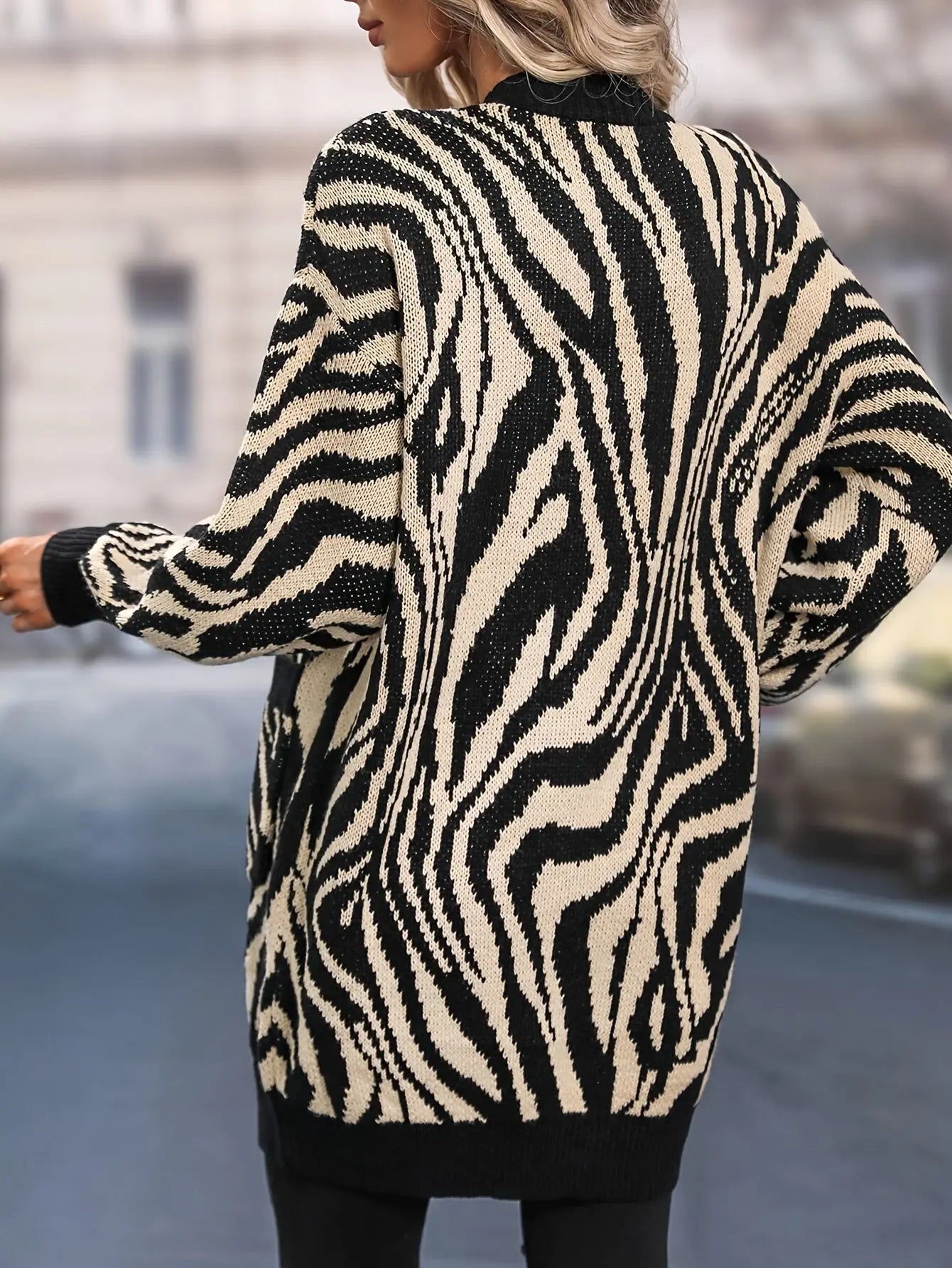 Zebra Striped Drop Shoulder Cardigan, Elegant Open Front Long Sleeve Cardigan For Fall & Winter, Women's Clothing MyFave Boutique